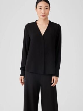 Eileen Fisher Silk Georgette Crepe V-Neck Shirt L